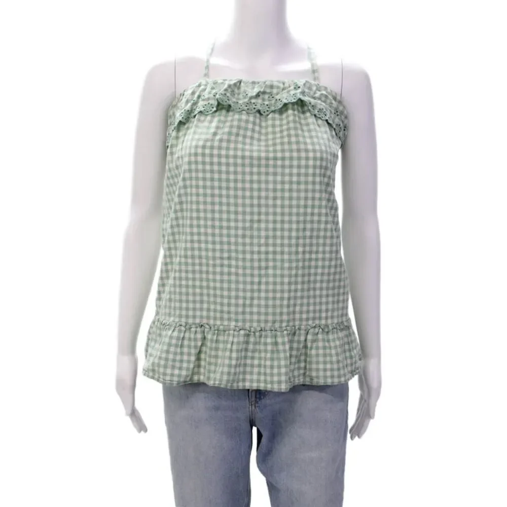 Polo Ralph Lauren Girls Checkered Eyelet Detail Sleeveless Dress Green Size 6